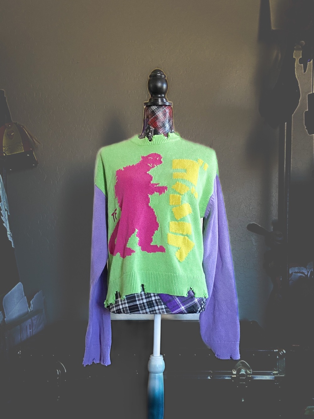 Teddy Fresh colorblock Godzilla knit sweater
